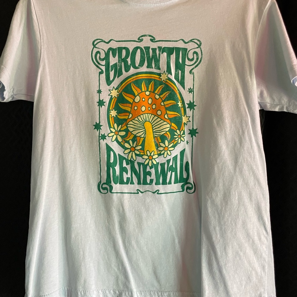Mighty Fine White Tee with Green and Orange Mushroom Design